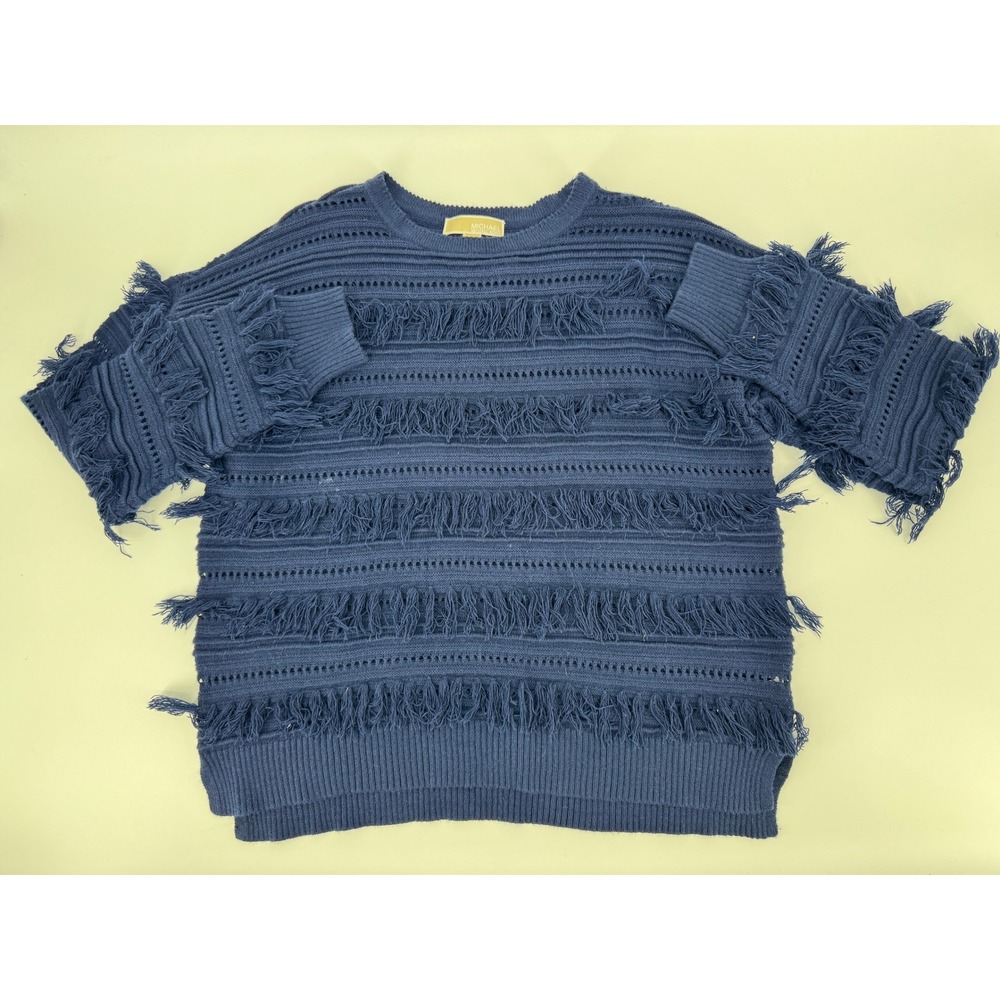 Michael Kors Sweater Blue‎ Fringe Knit Pullover Top Extra Large Womens